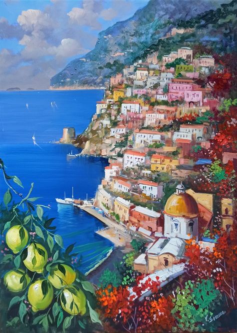 Positano Painting, Painting Lemons, Italy Paintings, Italy Coast, Lemon Flowers, Italian Paintings, Italy Wall Art, Italy Painting, Positano Italy