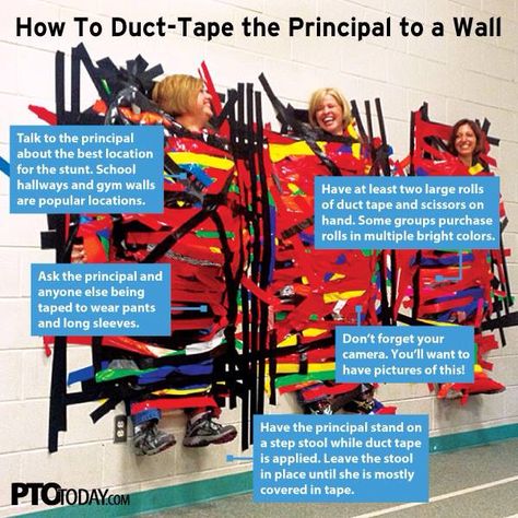 How to duct tape your principal to the wall Charity Work Ideas, Pto Today, Read A Thon, Pta Fundraising, Fun Fundraisers, Fundraising Activities, Fundraising Tips, Charity Project, Student Council