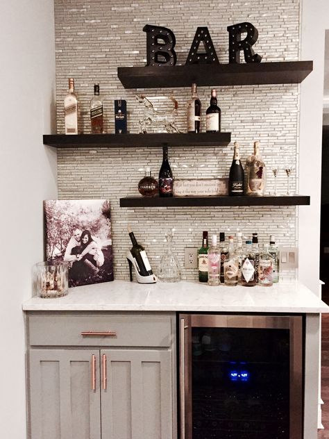 Small Bar Room Ideas In House Modern, Decorating Home Bar, Above The Bar Decor, Small Bar With Shelves, Corner Wet Bar Ideas Small Spaces, Mini Bar Basement Ideas, In Home Bar Decor, Wine Bar Nook, Small Basement Corner Bar