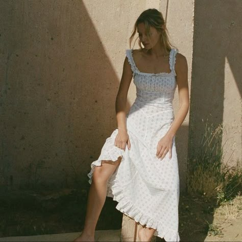 DÔEN Roma Dress in Powder Doen Dress, Cottage Dress, Eyelet Maxi Dress, Full Length Skirts, Dress Aesthetic, Vintage Inspired Dresses, Vintage Elegance, Silk Maxi Dress, Princess Seams