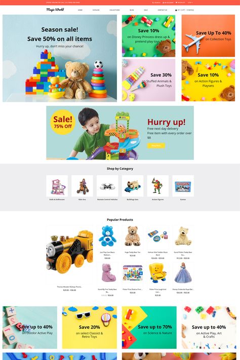 Magic World - Toys Store Clean Shopify Theme Toy Banner Design, Toys Catalogue Design, Toy Website Design, Blue Cockatoo, Catalog Design Layout, Magic Store, Kids Toy Store, Toy Catalogs, Shopify Templates