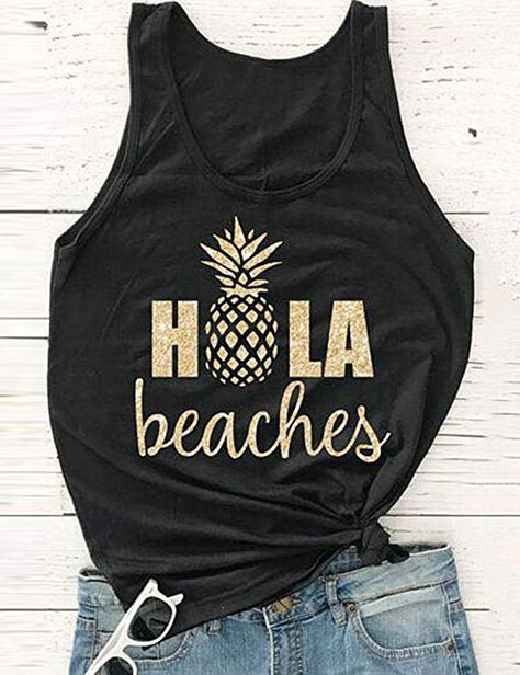 PRICE  : $14.99 , #trendind #trendy #tanktops #beach  ZJP Women Casual Hola Beaches Letter Print Tanks Shirt Pineapple Print Tops Tee: Clothing Hola Beaches, Bachelorette Tanks, Womens Tank Tops Summer, Funny Tanks, Beach Tanks Tops, Boho Style Tops, Aloha Beaches, Bride Shirt, Funny Tank Tops