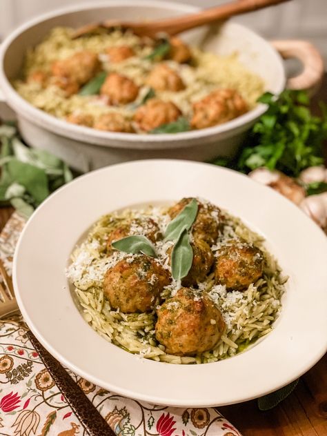 Baked Chicken Meatballs with Sage Pesto Orzo Shelled Pistachios, Sage Pesto, Pesto Orzo, Baked Chicken Meatballs, Plain Bread, Fresh Sage, Pecorino Romano, Best Italian Recipes, Chicken Meatballs