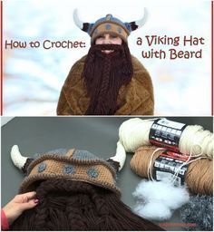 Incredible crochet viking hat with removable beard. Free pattern and tutorial shows you exactly how to make it. Viking Hat Crochet Pattern, Crochet Beard Hat, Crochet Viking, Crochet Viking Hat, Crochet Beard, Beard Hat, Crochet Costumes, Viking Hat, Viking Beard