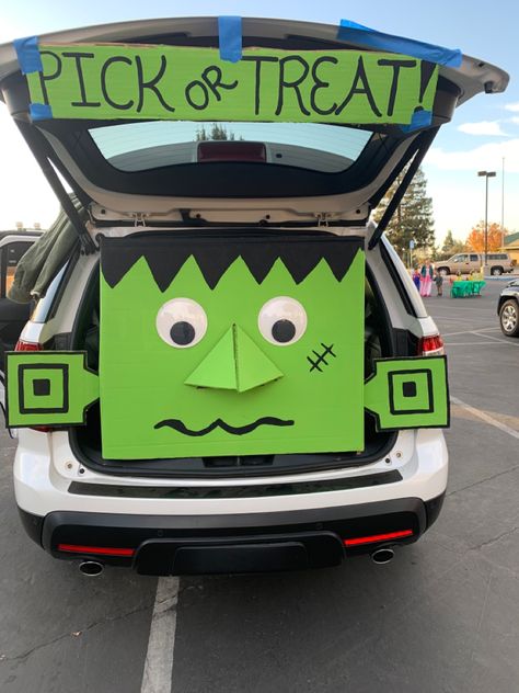 Pick A Treat Frankenstein, Trunk Or Treat Nose Pick, Frankenstein Nose Pick Trunk Or Treat, Easy Diy Trunk Or Treat Ideas For Cars, Nose Picking Trunk Or Treat, Pick Your Nose Trunk Or Treat, Pick Or Treat Frankenstein, Tow Mater Trunk Or Treat, Sanderson Sisters Trunk Or Treat