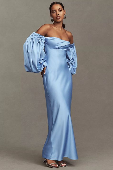 Significant Other Danika Long-Sleeve Off-The-Shoulder Satin Maxi Dress | Anthropologie Different Bridesmaid Dresses, Blue Wedding Guest Dresses, Maid Of Honour Dresses, Affordable Bridesmaid Dresses, Long Blue Dress, Black Tie Dress, Bridesmaid Dress Colors, Bridal Party Dresses, Satin Maxi