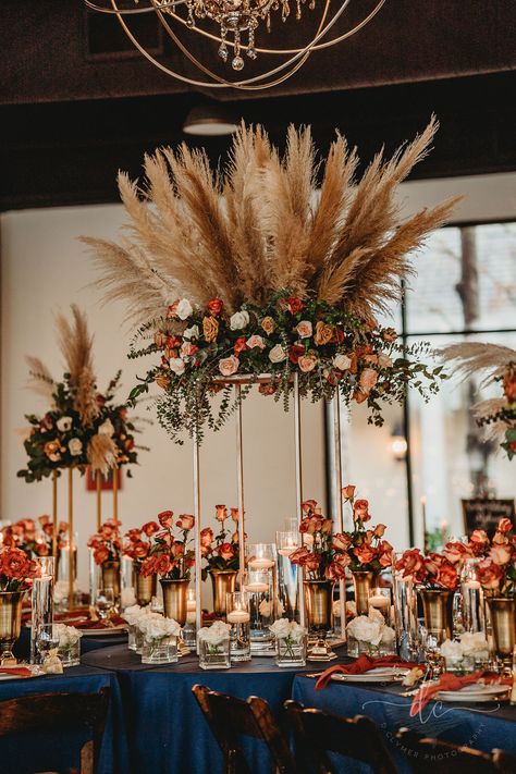 Rustic Elegant Wedding Table Settings, Rust Themed Wedding Decor, Rust Wedding Aesthetic, Navy And Rust Table Setting, African Themed Wedding Reception, Fall Wedding Decor Table, Wedding Decor Brown, Navy And Rust Wedding Decor, Groomsmen Rust