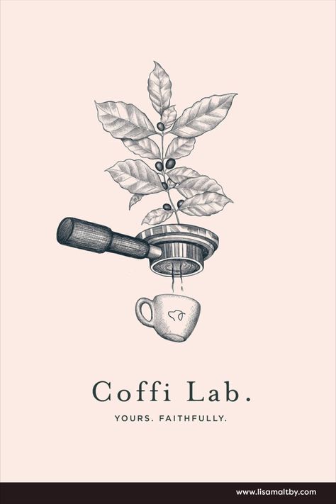 illustration of coffee leaves and beans being filtered into a coffee cup drawn in black and white on a pink background Kaffe Bar, Vintage Coffee Poster, Vintage Coffee Shops, Coffee Poster Design, Coffee Shop Logo Design, Coffee Artwork, Coffee Shop Branding, Cafe Posters, Coffee Tattoos