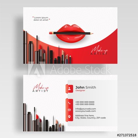 Make Up Artist business card set. Cosmetic products vector illustration for template, banner or booklet design by Allies Interactive Cosmetic Business Cards, Design Booklet, Artist Business Card, Business Card Set, Frame Border Design, Visiting Card Design, Artist Business Cards, Booklet Design, Frame Border