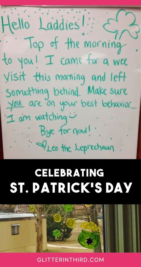 Celebrating St. Patrick's Day in your classroom: Here is our morning message! I hope they get excited when they walk into the classroom and see Leo the Leprechaun's note. Join me here to learn more! At Patrick’s Day Morning For Kids, Message From Leprechaun, Leprechaun Destroys Classroom, Leprechaun Ideas For Classroom, St Patricks Day In The Classroom, Leprechaun Classroom Ideas, Leprechaun Tricks For Classroom, Leprechaun Messy Classroom, St Patrick’s Day Morning Ideas