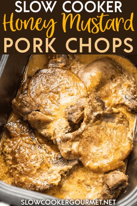 A delicious family meal even your pickiest eater will love! Slow Cooker Honey Mustard Pork Chops are quick and easy! #slowcooker #honeymustard #porkchops Honey Mustard Pork Chops, Mustard Pork Chops, Pork Chop Recipes Crockpot, Slow Cooker Recipes Pork, Recipes Pork, Easy Pork Chop Recipes, Pork Chop Recipes Baked, Crockpot Pork Chops, Slow Cooker Pork Chops