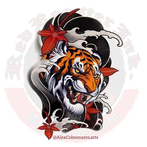 Japanese Tiger Head Tattoo Design, Tattoo Shirt Design, Tiger Head Tattoo, Japanese Tiger Tattoo, Blossom Tree Tattoo, Big Cat Tattoo, Tato Dada, Japanese Flower Tattoo, Dragon Tattoo Art