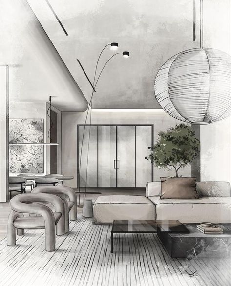 Creating Stunning Exteriors with Our Sketches Interior Architecture Sketch, Interior Design Portfolio Layout, Interior Design Sketchbook, Materials Board Interior Design, Furniture Design Sketches, Interior Design Renderings, Drawing Interior, Interior Architecture Drawing, Interior Design Drawings