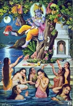 Krishna puts the Gopis' clothes on tree tops while they bathe in the Yamuna River. Krishna Avatar, Baby Krishna, Radha Krishna Wallpaper, Indian Painting, Hinduism Art, Krishna Radha Painting, Radha Krishna Images, Radha Krishna Pictures, The Hindu