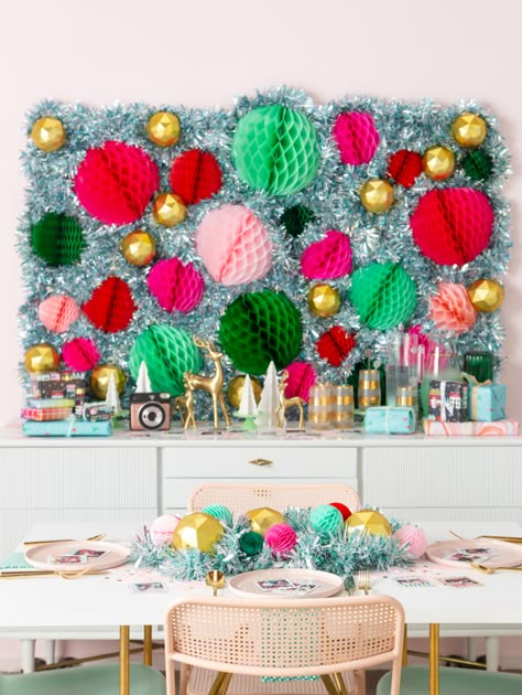 Honeycomb Backdrop, Girls Christmas Party, Colorful Christmas Decorations, Christmas Sunday, Christmas Party Backdrop, Breakfast With Santa, Colourful Christmas, Holiday Party Themes, Preppy Christmas