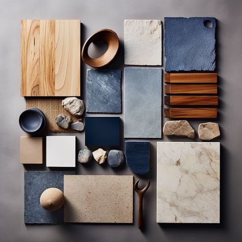 Navy Gold Decor, Earthy Blue Bathroom, Blue Moodboard Interior, Navy Bathroom Mood Board, Brown And Blue Moodboard, Blue Therapy Office, Blue Interior Moodboard, Kitchen Mood Board Colour Palettes Blue, Kitchen Mood Board Colour Palettes