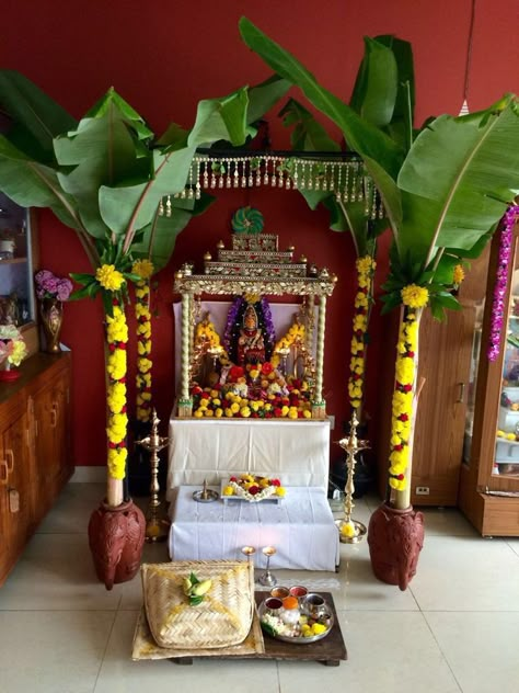 Vratham Decoration Satyanarayana, Satyanarayan Pooja Decoration, Satyanarayana Pooja Decoration Ideas, Banana Decoration, Leaf Decor Wedding, Puja Decor, Lakshmi Pooja, Varalakshmi Vratham, Pooja Door Design