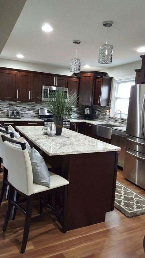 Brown Cabinets Kitchen, Backsplash Kitchen White Cabinets, Light Countertops, Dark Brown Cabinets Kitchen, Dark Brown Cabinets, Light Floors, Patterned Tile Backsplash, Brown Kitchen Cabinets, Classic White Kitchen