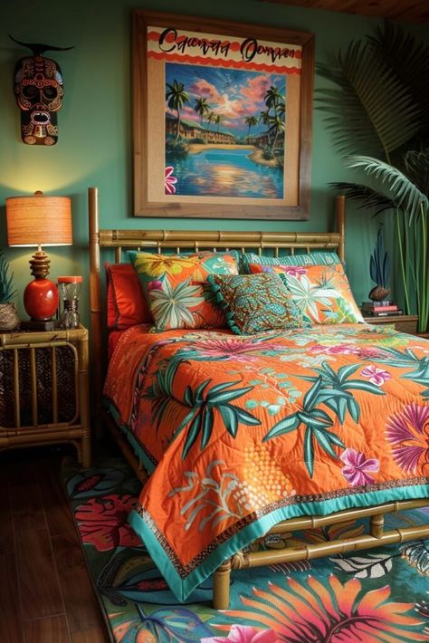 29 Tropical Bedrooms to Transport You to Paradise Tiki Bedroom Ideas, Hawaiian Themed Bedroom, Hawaiian Theme Bedrooms, Modern Tropical Bedroom, Tiki Room Decor, Tropical Bedroom Ideas, Haven Bedroom, Hawaii Bedroom, Tropical Theme Bedroom