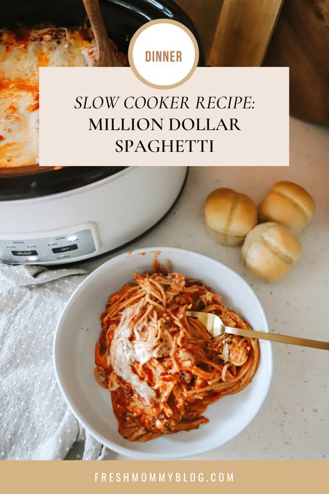 Million Dollar Spaghetti Recipe Made Easy in a Slow Cooker Slow Cooker Million Dollar Spaghetti, Million Dollar Spaghetti Crockpot, Crockpot Million Dollar Spaghetti, Spaghetti Crockpot Recipes, Spaghetti In Crockpot, Million Dollar Spaghetti Recipe, Crock Pot Spaghetti, Slow Cooker Thai Chicken, Crockpot Spaghetti