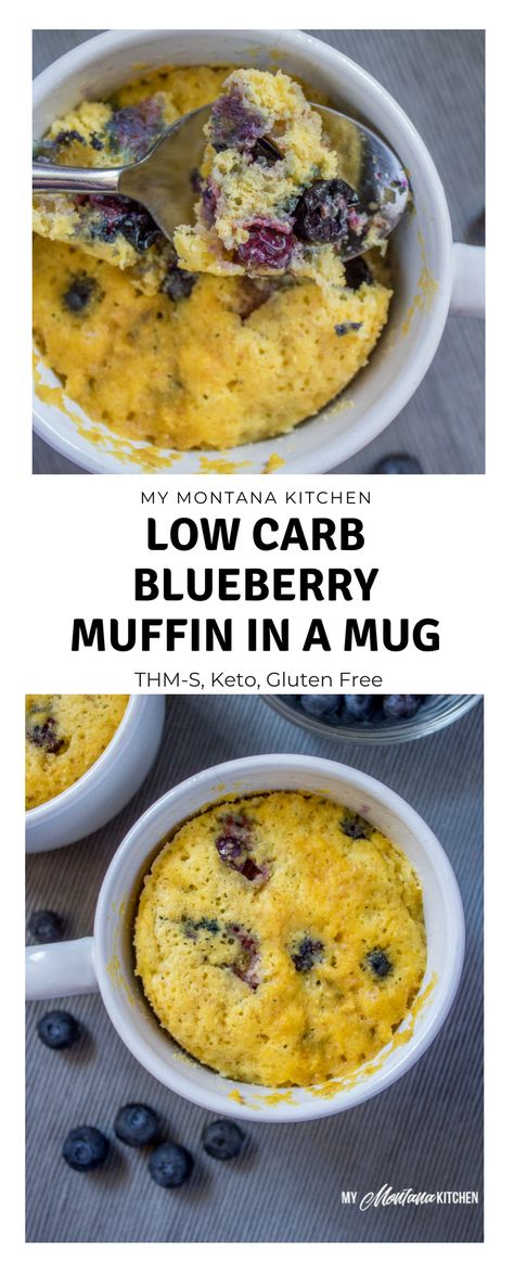 Sweet, tender, and bursting with blueberries, this Low Carb Sugar Free Blueberry Muffin in a Mug can be in your hands in less than 5 minutes! (And, you don’t even have to turn on your oven!) You would never know this blueberry muffin is sugar free! #trimhealthymama #thm #lowcarb #glutenfree #sugarfree #blueberrymuffin #blueberries #muffininamug #mim #mymontanakitchen #lowcarbmuffin Keto Muffin In A Mug, Thm Blueberry Muffins, Thm Muffin In A Mug, Keto Blueberry Mug Cake, Blueberry Muffin In A Mug, Blueberry Mug Cake, Low Carb Blueberry Muffins, Low Carb Blueberry, Low Carb Mug Cakes