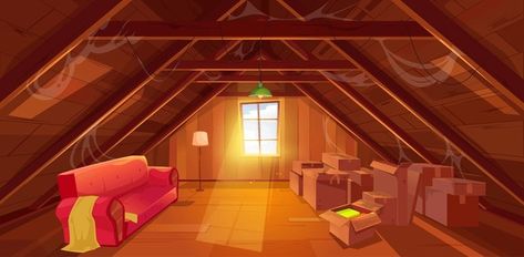 Garret Room, Attic Illustration, House Attic, Old Attic, Cozy Attic, Three Story House, Attic Ladder, Attic Window, Story Books Illustrations