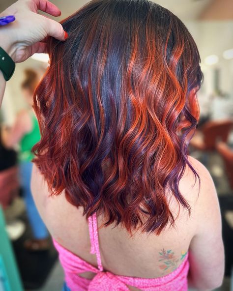 Fall hair color trend Red Orange Purple Hair, Purple Orange Hair Ombre, Purple Amber Hair, Dark Purple And Orange Aesthetic, Purple And Orange Hair Split, Violet Hair, Orange Hair, Fall Hair, Dark Hair