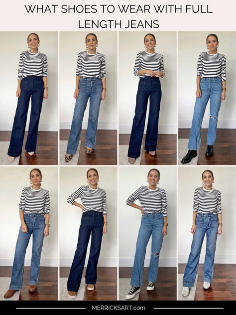 What Shoes to Wear With Full-Length Jeans - Merrick's Art Women Straight Jeans Outfit, How To Style Wide Legged Jeans, Full Length Jeans Outfit, Straight Wide Leg Jeans Outfits, Straight Fit Jeans Outfit Women, How To Wear Straight Leg Jeans Outfits, What Shoes To Wear With Wide Leg Jeans, Straight Jeans Outfit Casual, Shoes To Wear With Wide Leg Jeans