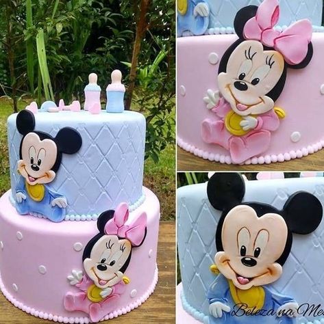 Disney Gender Reveal, Minnie Baby Shower, Baby Reveal Cakes, Mickey Mouse Birthday Decorations, Twin Birthday Cakes, Gender Reveal Baby Shower Themes, Mickey Mouse Baby Shower, Baby Shower Pictures, Pregnancy Gender Reveal