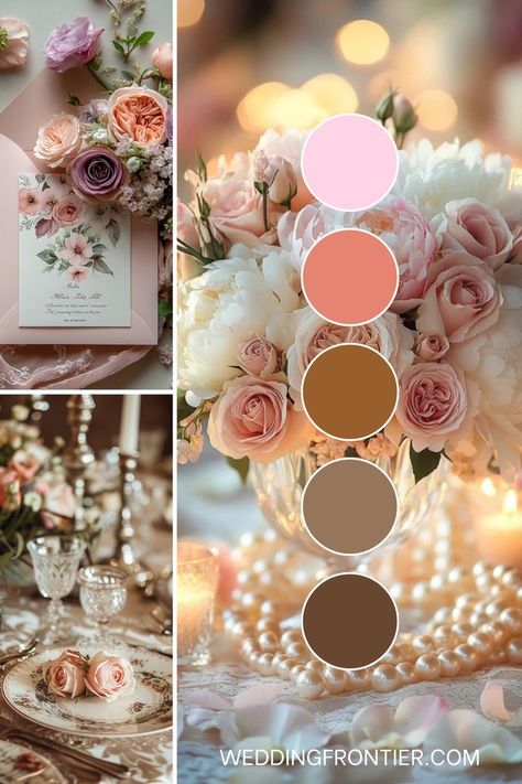 Romantic wedding theme ideas for a soft, intimate setting. Dusty Pink Wedding Color Palette, Pastel Sunset Wedding, Wedding Pink Color Schemes, Unique Wedding Color Schemes, Romantic Spring Wedding Ideas, Vintage Blush Wedding, Pink Theme Wedding, Elegant Wedding Colors, Romantic Wedding Theme