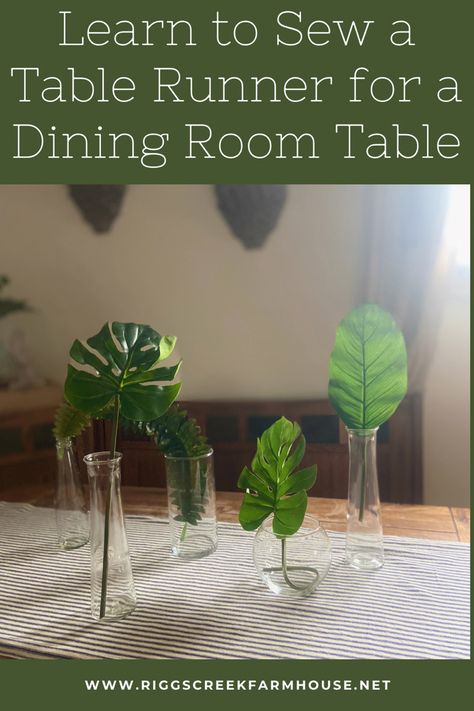 Blue and white stripe table runner displayed nicely with clear glass vases arranged with green palms and ferns Sew A Table Runner, Table Runner Sewing, Sewing Supplies Organization, Spring Months, Striped Table Runner, Sewing Scissors, Sewing Space, Striped Table, Organize Fabric