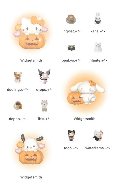 Sanrio Fall Widgets, Halloween Widgets Aesthetic Iphone, Hello Kitty Ios Wallpaper, Sanrio Ios 16 Layout, Halloween Home Screen Layout, Fall Theme Widgets, Halloween Ios Theme, Winter Ios 16 Homescreen, Ios Fall Home Screen