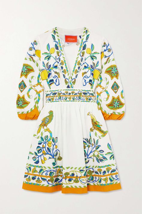 Shop LA DOUBLEJ Margherita printed cotton-poplin mini dress, Explore the latest LA DOUBLEJ women's collection today on NET A PORTER Double J, Colorful Palette, Honeymoon Outfits, Elegant Blouses, Hot Outfits, Dress Cuts, Wide Waistband, White Mini Dress, Fashion Pictures