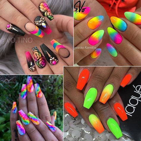 Fluorescent Nails, Rainbow Nail Art, Aurora Nails, Watermelon Nails, Powder Manicure, Colorful Nails, Crazy Nails, Nail Powder, Bright Nails