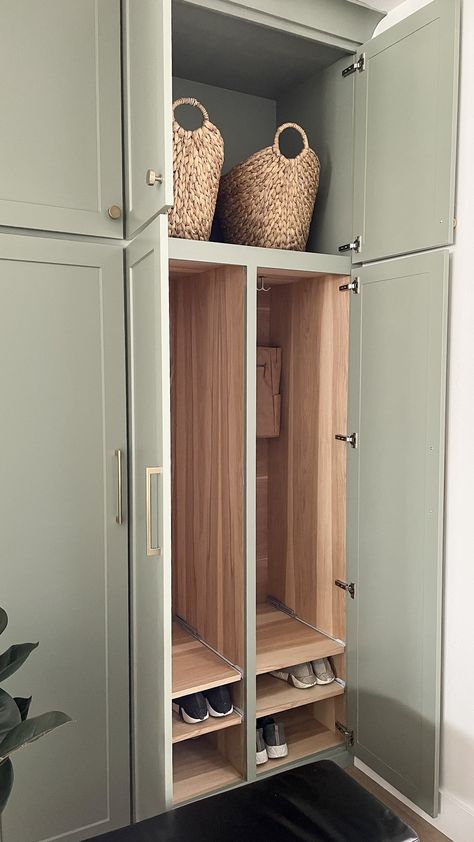 Mudroom Locker Tutorial | Honey Built Home Inside Of Mudroom Cabinets, Entryway Storage Lockers, Diy Coat Closet Entryway, Mudroom Cabinet Dimensions, Entry Way Built In Cabinet Ideas, Entrance Lockers, Mudroom Cabinet Ideas, Built In Coat Closet, Lockers In Mudroom