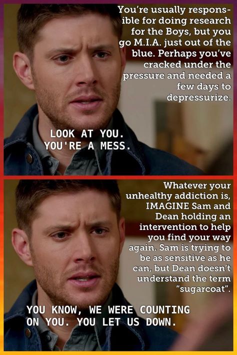 Dean Winchester Fanfiction, Supernatural Jokes, Supernatural Dr, Karate Kid Movie, Supernatural Bunker, Fanfic Ideas, Supernatural Comic, Supernatural Imagines, Supernatural Jensen