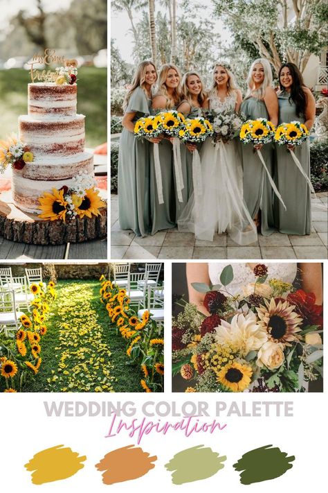 Sunflower Wedding Colors Fall, Sunflower Color Palette Wedding Ideas, Rustic Yellow Wedding Theme, Wedding Colours With Sunflowers, Sunflower Color Scheme Wedding, Sunflower Wedding Bridal Party, Sunflower Dress Wedding, Sunflower Wedding Colour Palettes, Sun Flower Theme Wedding