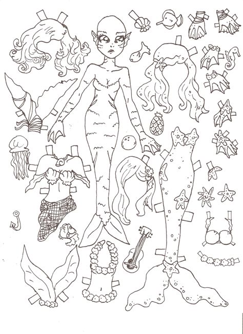 Paper Mermaid, Mermaid Paper Dolls, Blackbanshee Paper Doll, Mermaid Paper Dolls Printable, Barbie Mermaid Coloring Pages, Marisole Monday Paper Dolls Black And White, White Mermaid, Pin Doll, Paper Dolls Printable