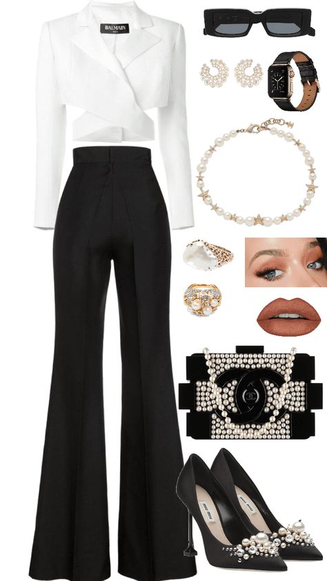 Formal Attire Women Outfit Ideas, White Pants Formal Outfit Women, Formal Black And White Outfits For Women, Black And White Business Attire, Black And White Formal Outfit For Ladies, Semi Formal Black And White Outfits, White Attire Party Women, Black And White Cocktail Party Attire, Black And White Outfit Ideas Formal