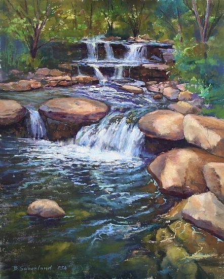 Flowing Water by Brian Sauerland Pastel ~ 20" x 16" Things To Paint, Fall Canvas Painting, Waterfall Paintings, Waterfall Art, Canvas For Beginners, Small Canvas Paintings, Canvas Drawings, Easy Canvas Painting, Landscape Art Painting