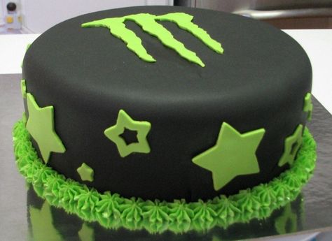 Monster Energy cake covered in fondant with fondant accents and buttercream border. Monster Energy Cake, Bike Cakes, Monster Crafts, Monster Energy Drink, Monster Cake, Rick Y Morty, Money Saving Meals, Childrens Birthday Cakes, Flashing Lights