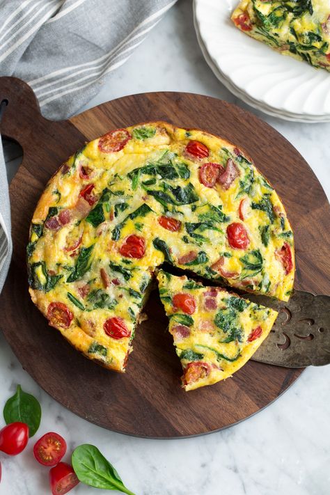 Frittata Recipe (Bacon, Spinach, Tomato and Swiss) Frittata Casserole, Spinach And Egg Frittata, Tomato Basil Frittata, Spinach Tomato Frittata, Sheet Pan Spinach Tomato Ricotta Frittata, Bake Eggs, Campari Spritz, Spinach Frittata Recipes, Fritata Recipe