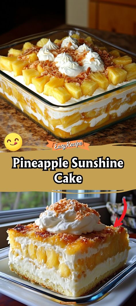 Bring a burst of tropical flavor to your table with this Pineapple Sunshine Cake. Light, fluffy, and filled with juicy pineapple pieces, it's a refreshing dessert that brightens up any meal. Perfect for picnics, potlucks, or just because! #PineappleCake #TropicalTreat #SunshineDessert Pineapple Mug Cake, Hawaiian Pineapple Cake, Pear Crumble Pie, Crushed Pineapple Cake, Pineapple Sunshine Cake, Pecan Cobbler, Pineapple Dessert Recipes, Pear Crumble, Sunshine Cake