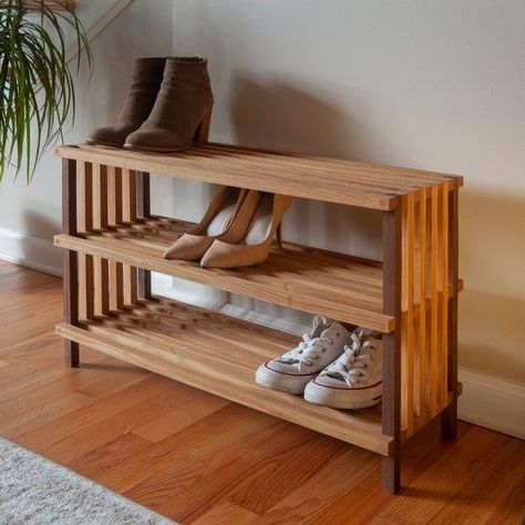 White Oak and Walnut Shoe Rack | Etsy in 2022 | Shoe rack closet, Wall shoe rack, Wood shoe rack Master Closet Shoe, Shoe Rack In Closet, Shoe Rack Vintage, Homemade Closet, Closet Shoe Rack, Shoe Rack Design, Spinning Shoe Rack, Shoe Rack Ideas, Wall Shoe Rack