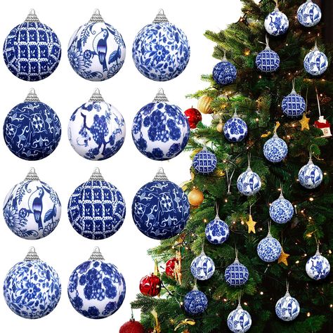 PRICES MAY VARY. Chinoiserie Original Design: immerse your holiday decor in the timeless beauty of chinoiserie artistry, these 12 exquisite chinoiserie Christmas ornaments feature an enchanting blue and white pattern, inspired by the traditional motifs of East Asian design; Indulge in a touch of sophistication that will elevate your Christmas decorations to a different level of elegance Quality Materials: these Chinese Christmas ornaments are made with quality foam and covered in polyester fabri Gold And Blue Chritmas Tree, Navy Blue Burgundy Christmas Tree, Royal Blue Silver Christmas Tree, Chinoiserie Copper Christmas Tree, Christmas Tree With Navy Blue And Gold Irnaments, Blue White Gold Xmas Tree, Leopard And Navy Christmas Tree, Blue And White Christmas Tree Ornaments, Blue Christmas Ornaments Target