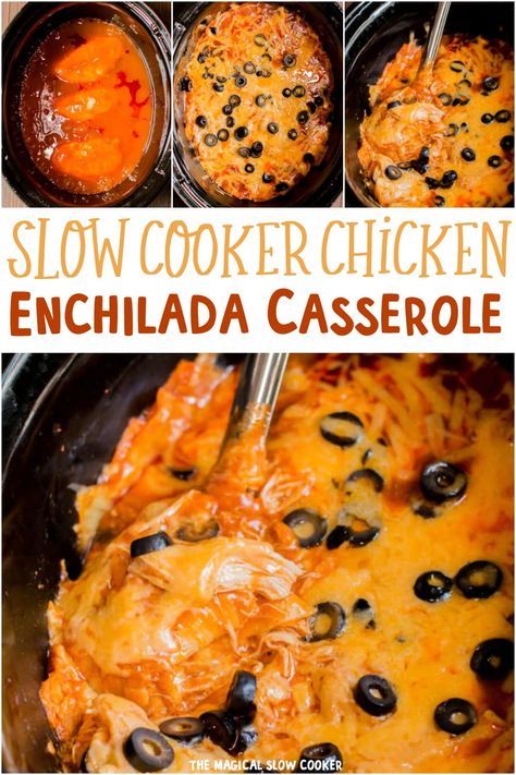 This recipe for Slow Cooker Chicken Enchilada Casserole is a one pot meal! You will never want to make standard enchiladas again. - The Magical Slow Cooker Ready To Eat Crock Pot Meals, Chicken Crockpot Recipes 8 Hours, Crockpot Tortilla Casserole, Large Crock Pot Meals, Simply Crockpot Meals, Easy Crockpot Meals For Fall, Crockpot Meals 8 Hours, Easy Crockpot Chicken Enchiladas, Crockpot Cheese Enchiladas