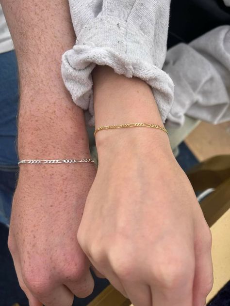 Figaro chain welded forever permanent bracelets Permanent Jewelry Couple, Couples Permanent Bracelets, Permanent Bracelet Couple, Matching Chains For Couples, Permanent Bracelet, We Are Golden, Permanent Jewelry, Bracelet Couple, Tiny Rings