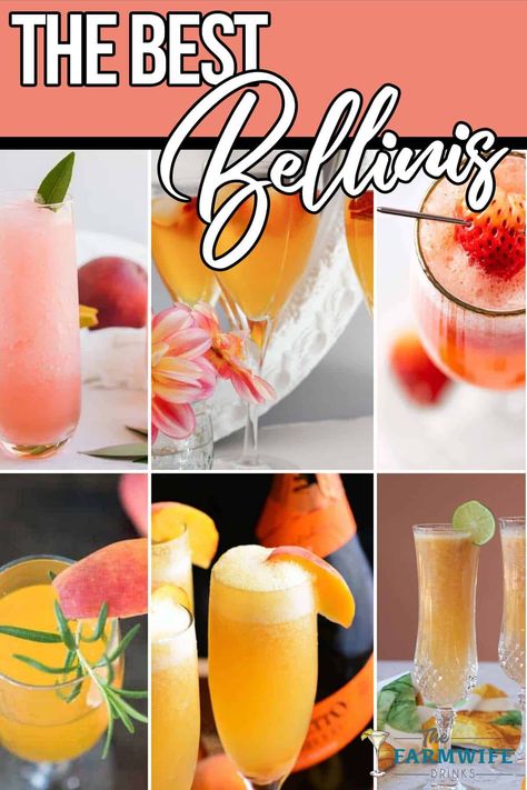 photo collage of bellini recipes with text which reads the best bellinis Strawberry Bellini Recipe, Bellini Cocktail Recipes, Peach Bellini Recipe, Peach Martini, Raspberry Bellini, Strawberry Bellini, Bellini Bar, Bellini Cocktail, Bellini Recipe