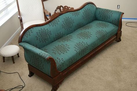 After reupholstering photo of the sofa. I love this fabric, might work for my couches. Old Sofa Makeover Ideas Wooden, Old Sofa Design, Hobbit Furniture, Old Sofa Makeover Ideas, Antique Sofa Living Room, Sofa Recover, Fancy Sofa, Teal Couch, Wooden Frame Sofa