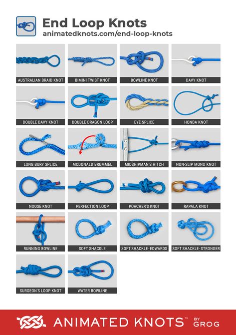 End Loop Knots | Learn How to Tie End Loop Knots using Step-by-Step Animations | Animated Knots by Grog Paracord Projects Tutorials, Paracord Knife Handle, Animated Knots, Climbing Knots, Sailing Knots, Hook Knot, Bracelets With String, Paracord Knife, Strong Knots